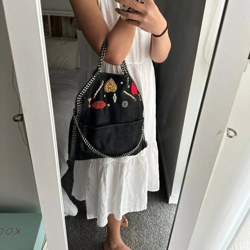 Stella Mccartney Falabella Heart Suede Embellished Tote Handbag Black Bag NEW - Picture 7 of 14